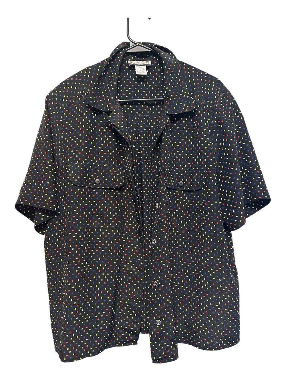 Vintage Y2K Black Short-Sleeve Button-Down with Multicolor Polka Dots Size 16
